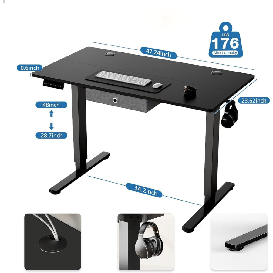 Electric Desk With Adjustable Height Drawer With 2 Hooks